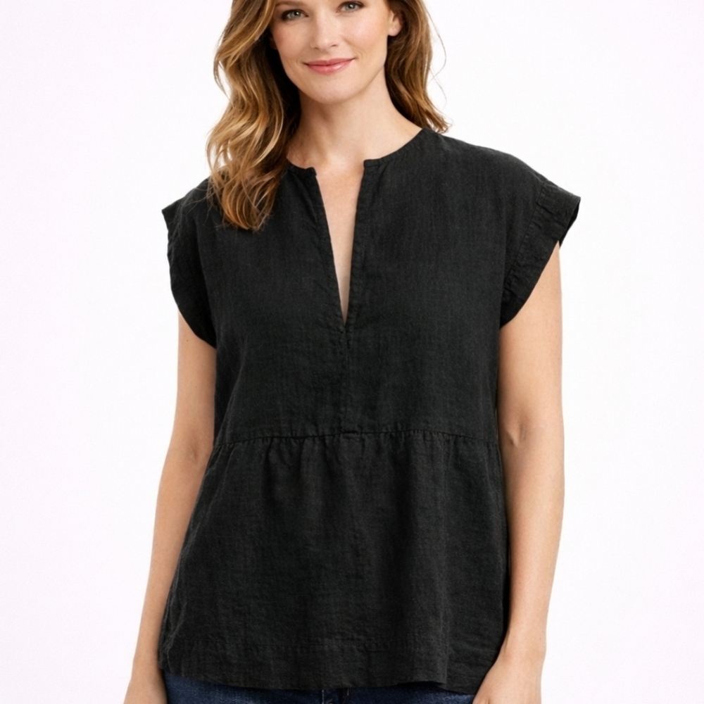 AG Adriano Goldschmied Trista Black Linen Chambray Notch V-Neck Blouse Small